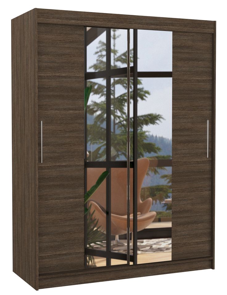 Armoire de chambre 2 portes coulissantes bois marron et miroir Linoa 150 cm - Photo n°1