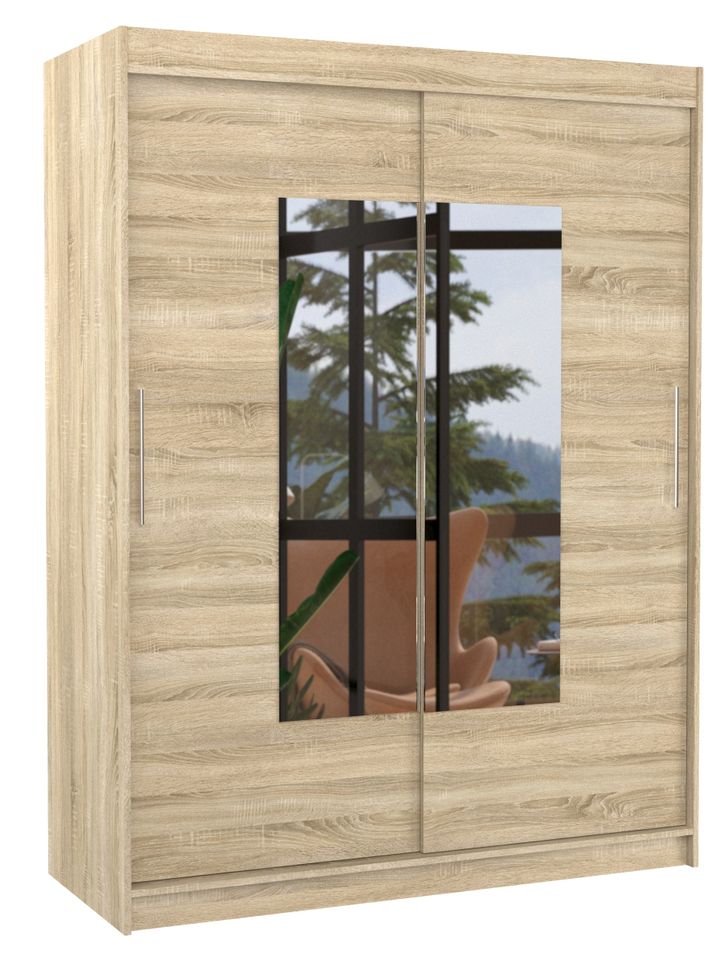Armoire de chambre 2 portes coulissantes naturel et miroir Dova 150 cm - Photo n°1