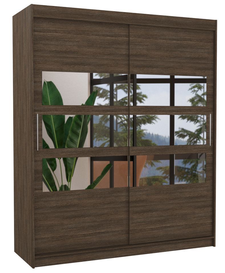 Armoire de chambre à coucher 2 portes coulissantes marron et 6 miroirs horizontaux Dolena 180 cm - Photo n°1