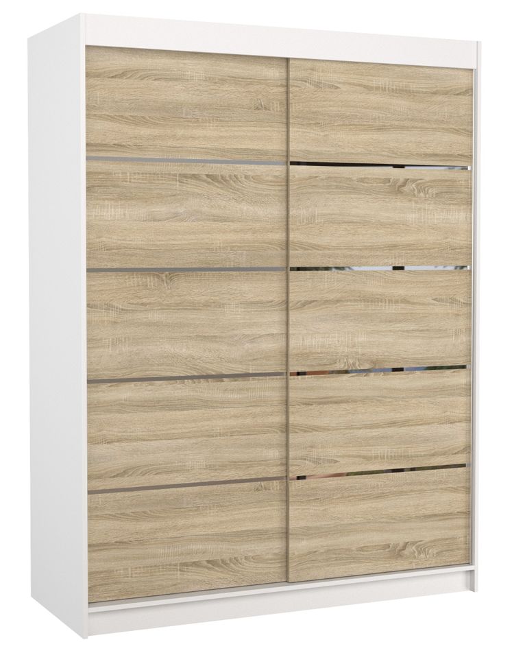 Armoire de chambre à coucher blanche 2 portes coulissantes bois clair et alu Kubik 150 cm - Photo n°1