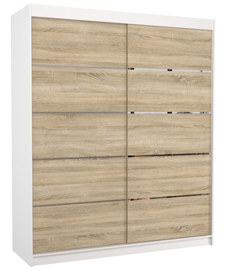 Armoire de chambre à coucher blanche 2 portes coulissantes bois clair et alu Pimka 180 cm - Photo n°1