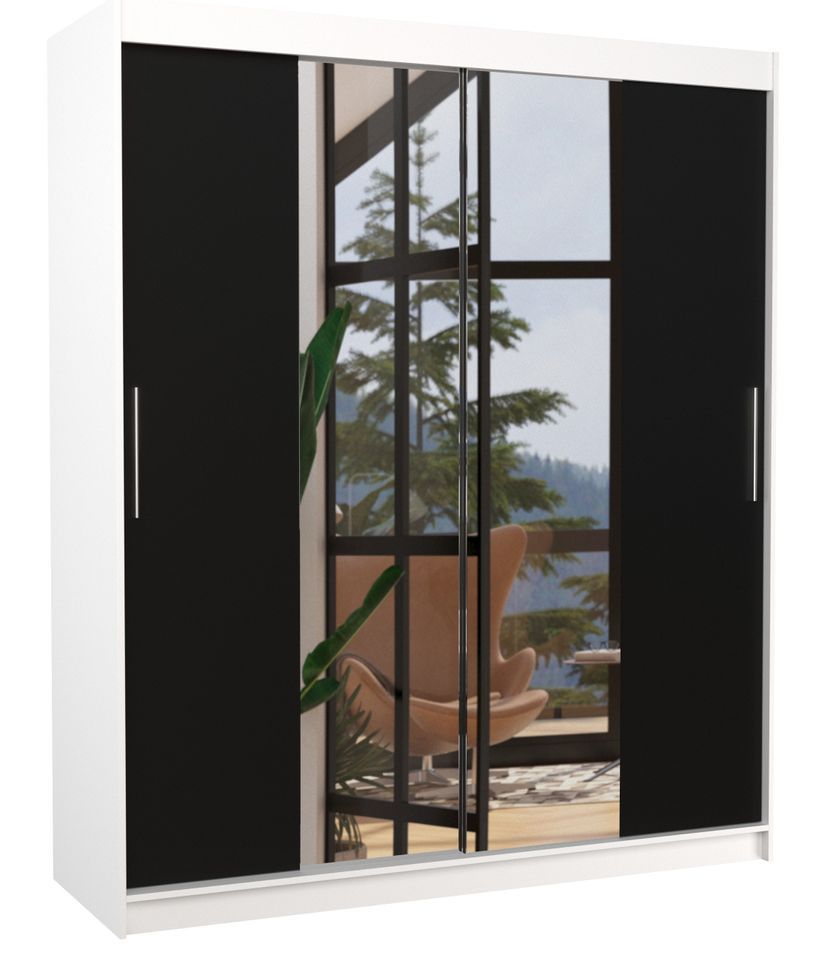 Armoire de chambre à coucher blanche 2 portes coulissantes noir et miroir Dally 180 cm - Photo n°1