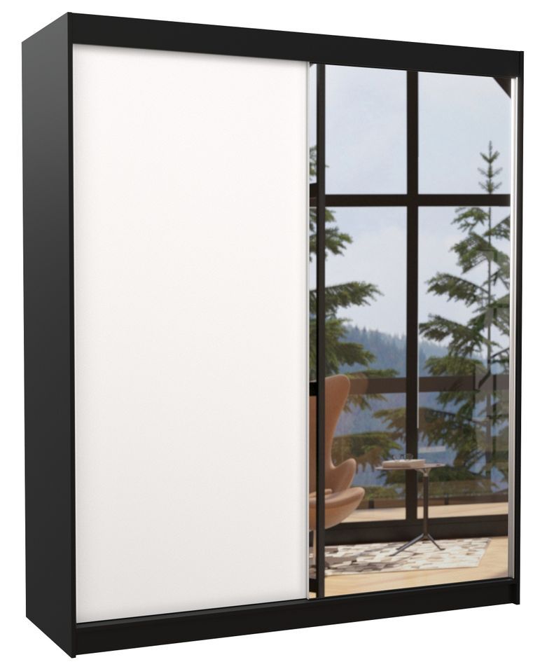 Armoire de chambre à coucher noir 2 portes coulissantes 1 blanche et 1 miroir Masso 180 cm - Photo n°1