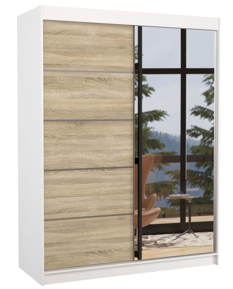 Armoire de chambre blanche 2 portes coulissantes 1 naturel et 1 miroir Limka 150 cm - Photo n°1