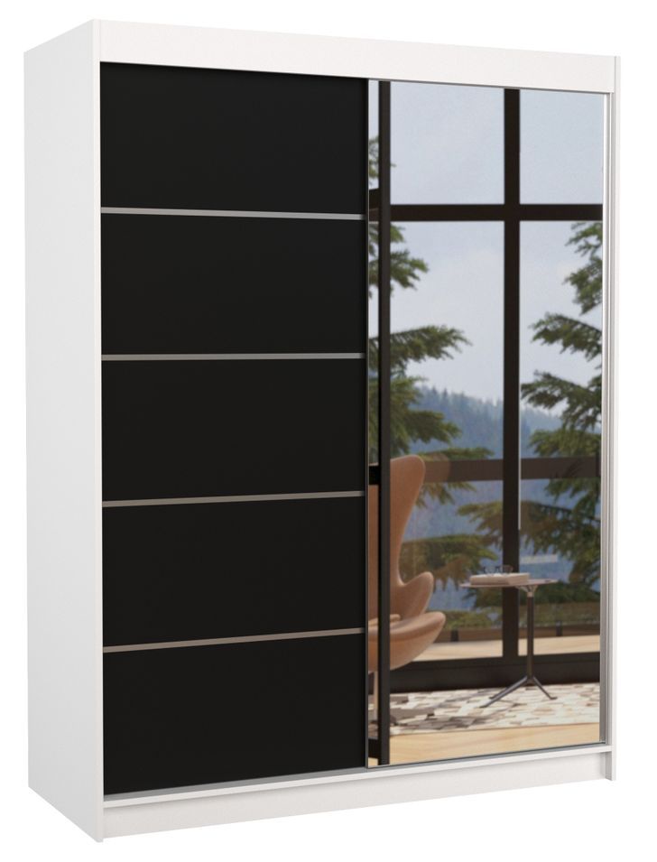 Armoire de chambre blanche 2 portes coulissantes 1 noir et 1 miroir Limka 150 cm - Photo n°1