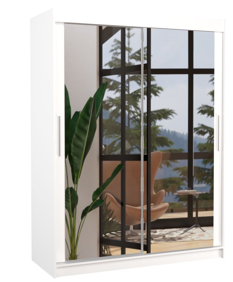 Armoire de chambre blanche 2 portes coulissantes avec miroir Prima 150 cm - Photo n°1