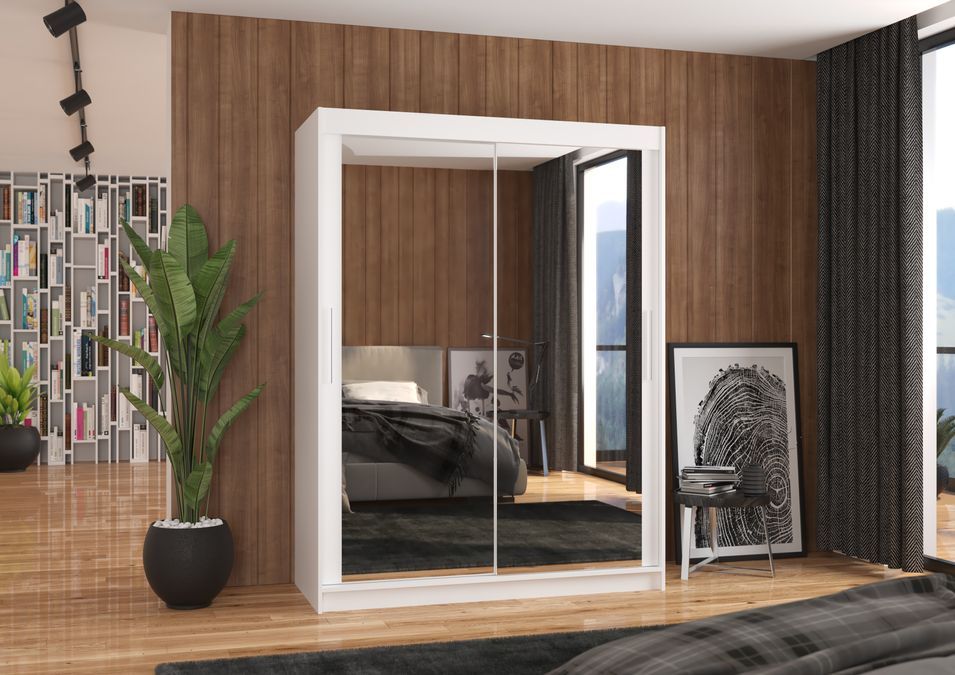Armoire de chambre blanche 2 portes coulissantes avec miroir Prima 150 cm - Photo n°3