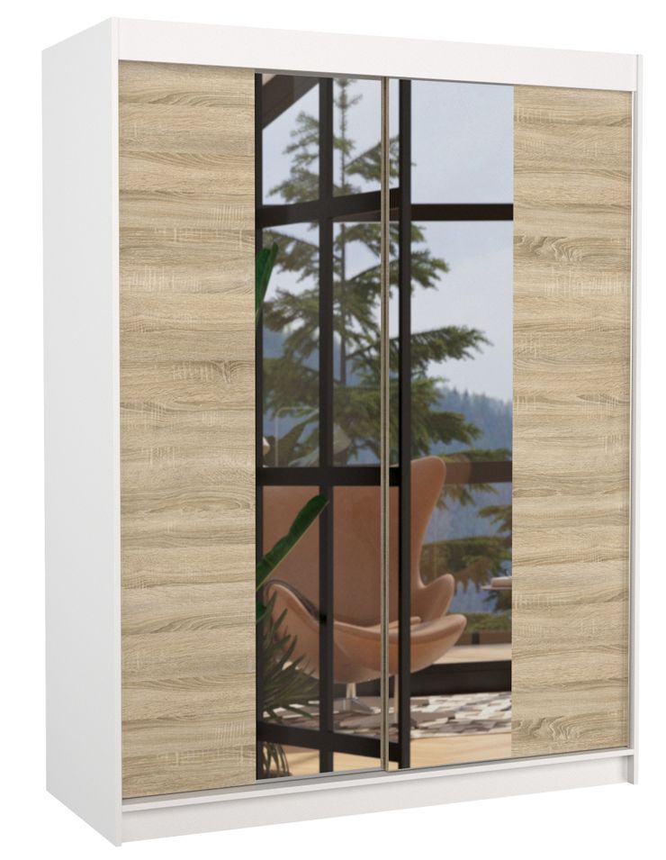 Armoire de chambre blanche 2 portes coulissantes bois clair et miroir Zomka 150 cm - Photo n°1