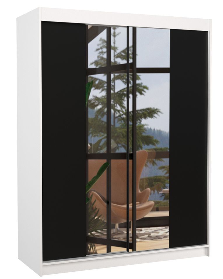 Armoire de chambre blanche 2 portes coulissantes bois noir et miroir Zomka 150 cm - Photo n°1