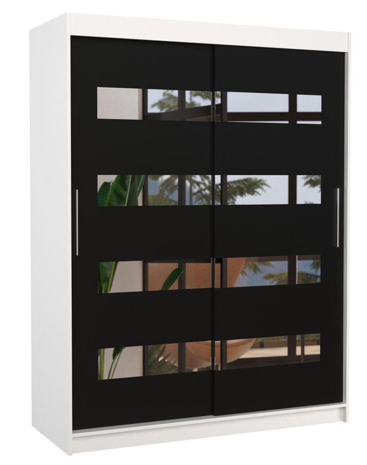 Armoire de chambre blanche 2 portes coulissantes noir et miroirs horizontaux Bozika 150 cm - Photo n°1