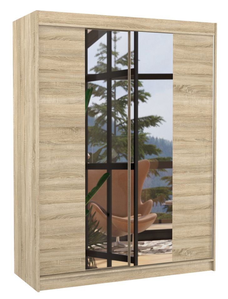 Armoire de chambre 2 portes coulissantes bois clair et miroir Zomka 150 cm - Photo n°1