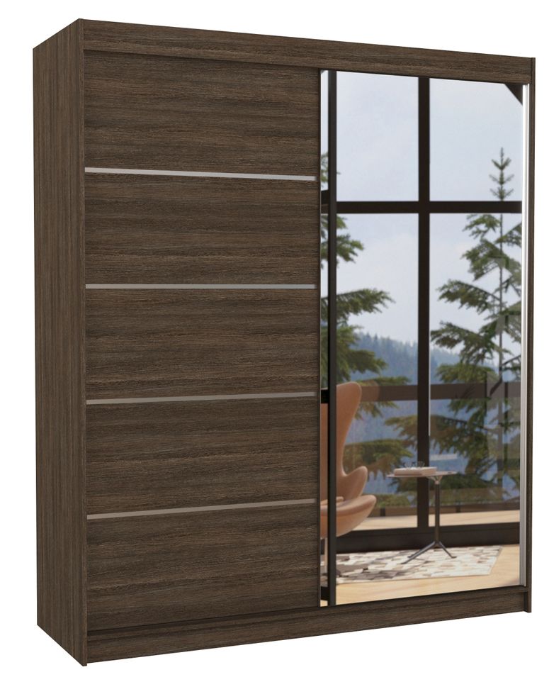 Armoire de chambre design marron 2 portes coulissantes bois marron et alu avec miroir Karena 180 cm - Photo n°1
