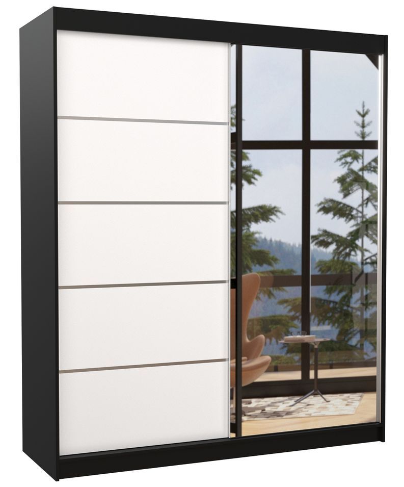 Armoire de chambre design noir 2 portes coulissantes bois blanc et alu avec miroir Karena 180 cm - Photo n°1