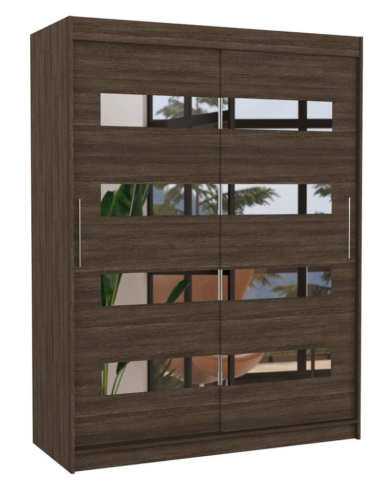 Armoire de chambre marron 2 portes coulissantes marron et miroirs horizontaux Bozika 150 cm - Photo n°1