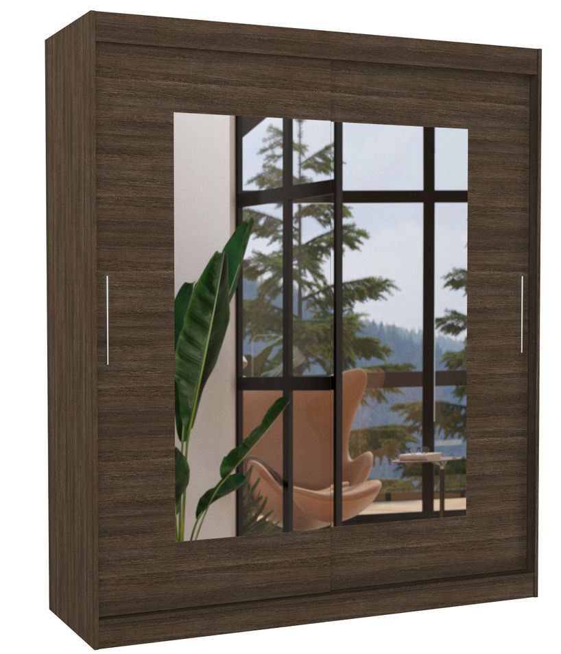 Armoire de chambre moderne marron 2 portes coulissantes avec miroir Rozika 180 cm - Photo n°1