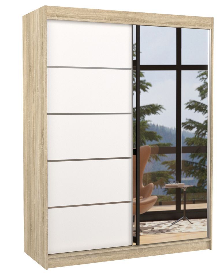 Armoire de chambre naturel 2 portes coulissantes 1 blanche et 1 miroir Limka 150 cm - Photo n°1
