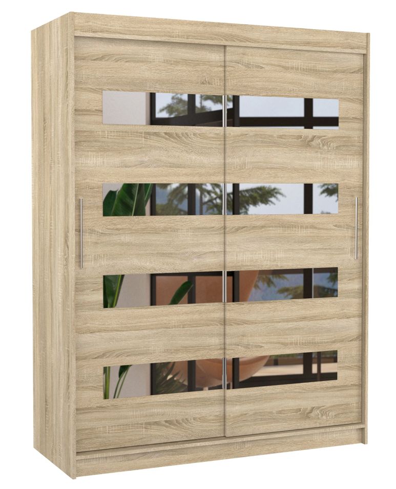 Armoire de chambre naturel 2 portes coulissantes naturel et miroirs horizontaux Bozika 150 cm - Photo n°1