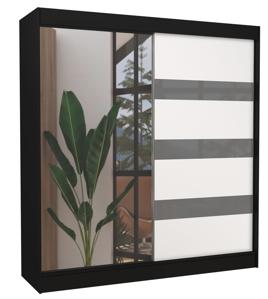 Armoire de chambre noire 1 porte blanche et grise laquée 1 porte miroir Voka - 3 tailles - Photo n°1