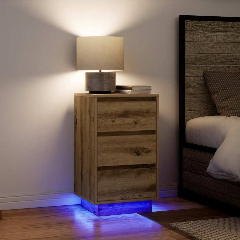 Armoire de chevet et lumières LED chêne artisanal 38x34x65 cm - Photo n°1