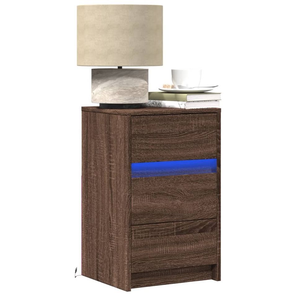 Armoire de chevet et lumières LED chêne marron bois ingénierie - Photo n°1