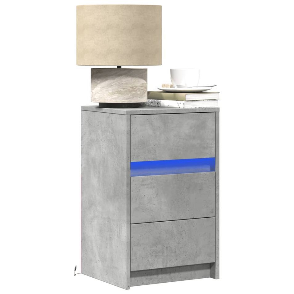 Armoire de chevet et lumières LED gris béton bois d'ingénierie - Photo n°1