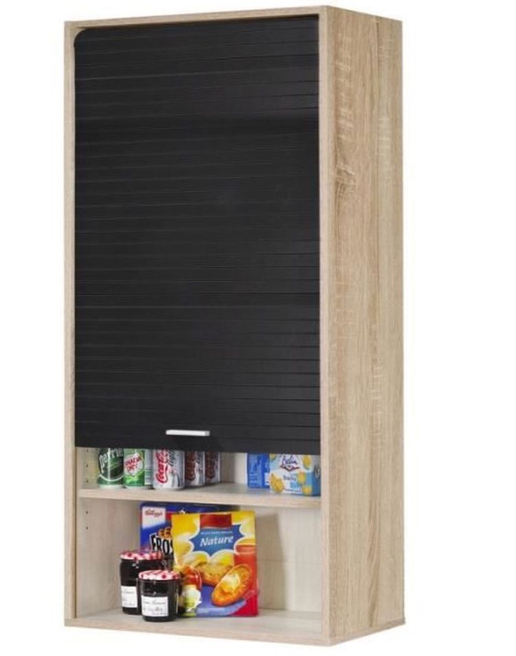 Armoire de cuisine large à rideau chêne naturel et noir Couna L 60 x H 124 cm - Photo n°1