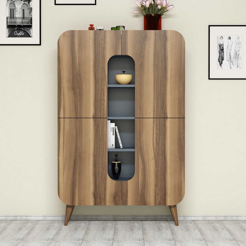 Armoire de rangement 2 portes bois noyer et bleu Berkal 93 cm - Photo n°1