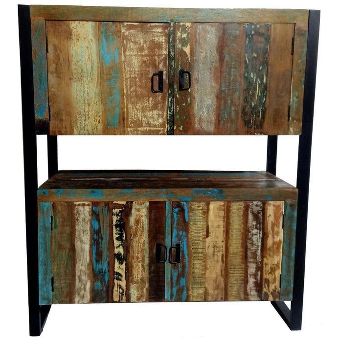 Armoire de rangement 4 portes bois massif multicolore et pieds métal noir Limba - Photo n°1