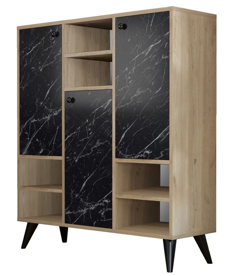 Armoire de rangement polyvalente bois naturel et noir effet marbre 3 portes 3 niches Pratika 105 cm - Photo n°1