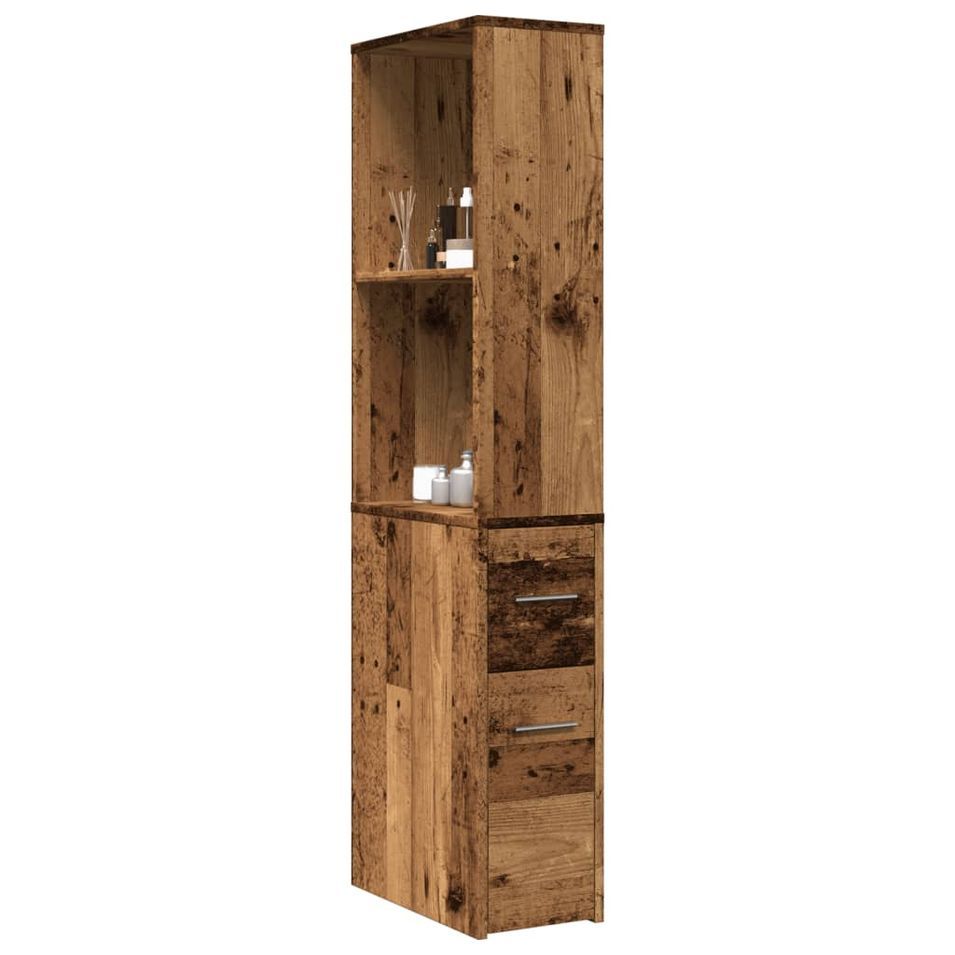 Armoire de salle de bain étroite avec roulettes vieux bois - Photo n°1