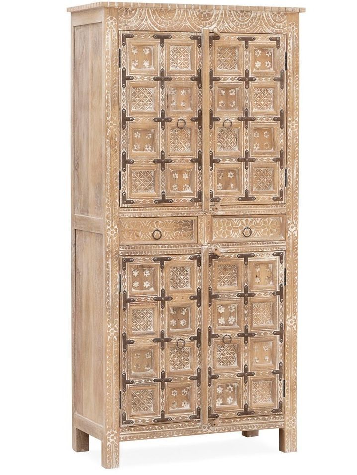 Armoire de salon ALAMBIA – Bois massif de manguier blanchi – 4 portes 2 tiroirs – 110 cm - Photo n°1