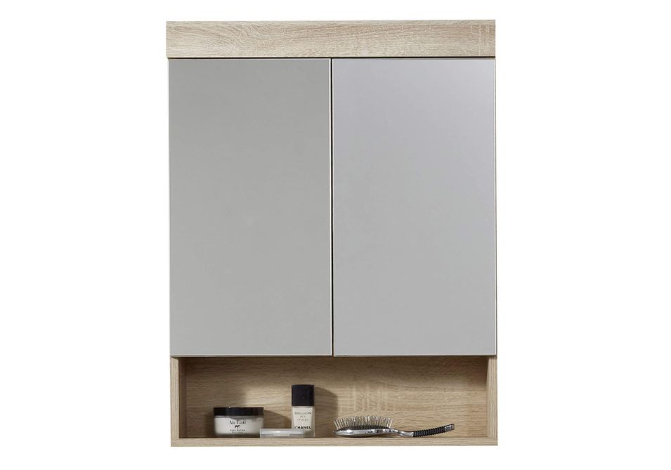 Armoire de toilette 2 portes mélaminé chêne clair avec miroir Rune - Photo n°1