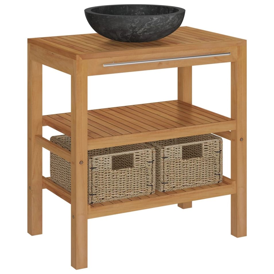 Armoire de toilette Teck solide avec lavabo en marbre Noir 6 - Photo n°1