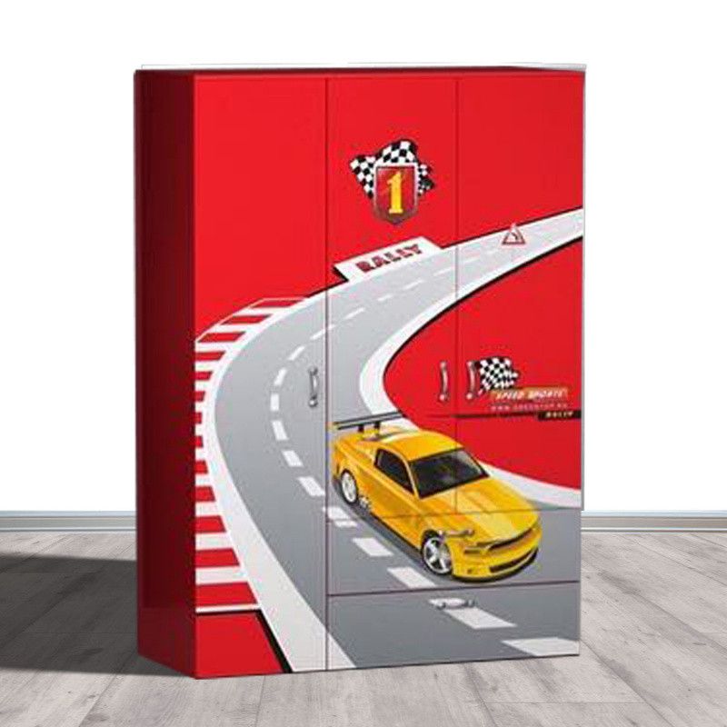 Armoire enfant rouge 3 portes circuit automobiles - Photo n°1