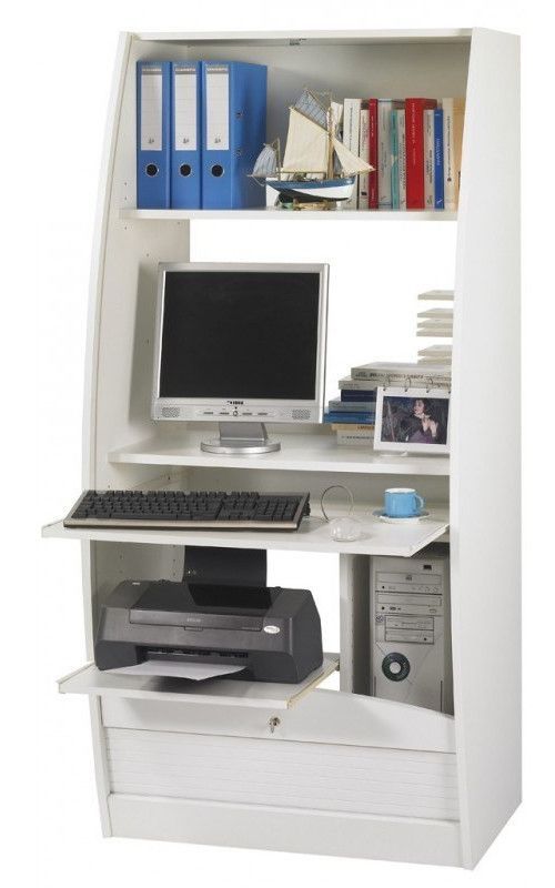 Armoire informatique à rideaux bois blanc Patrick 80 cm - Photo n°1