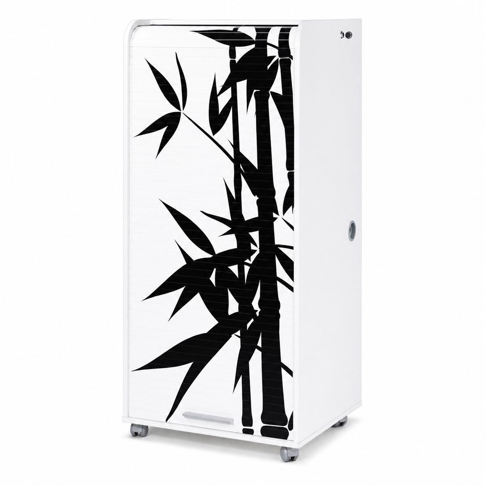 Armoire informatique mobile blanche ORGA 140 cm – Bureau compact avec rideau, tiroirs et rangements - Photo n°1
