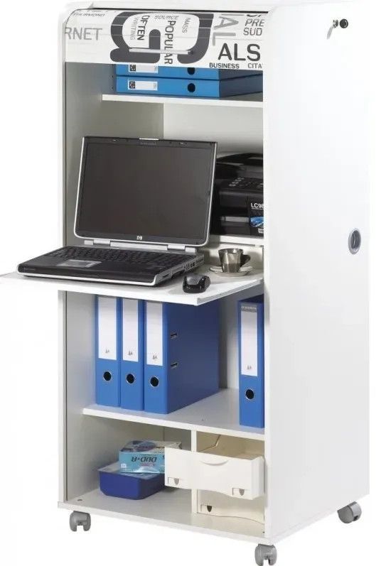 Armoire informatique mobile blanche ORGA 140 cm – Bureau compact avec rideau, tiroirs et rangements - Photo n°1