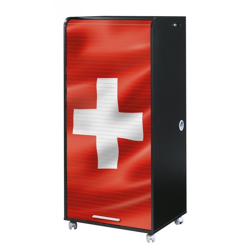 Armoire informatique mobile noire ORGA 140 cm – Bureau compact avec rideau, tiroirs et rangements - Photo n°1