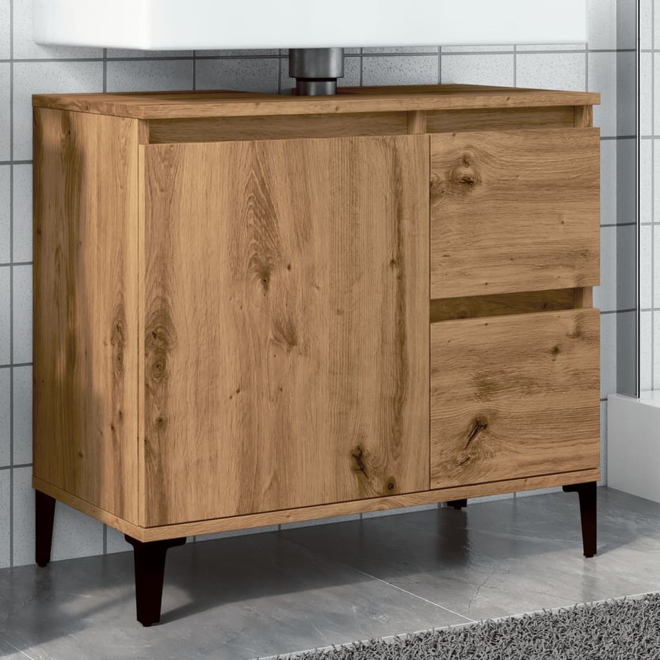 Armoire lavabo chêne artisanal 65x33x60 cm bois d'ingénierie - Photo n°1