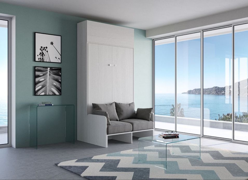 Armoire lit 120x190 cm avec canapé et meuble haut bois blanc Kanto - Photo n°1