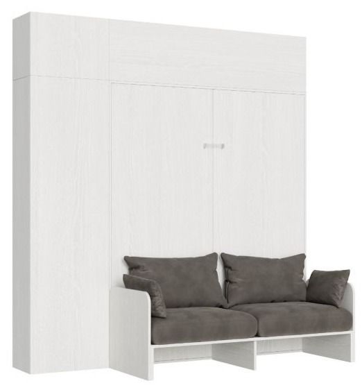 Armoire lit 120x190 cm escamotable avec colonne de rangement et éléments hauts avec mobilier bois frêne blanc Kanto - Photo n°1