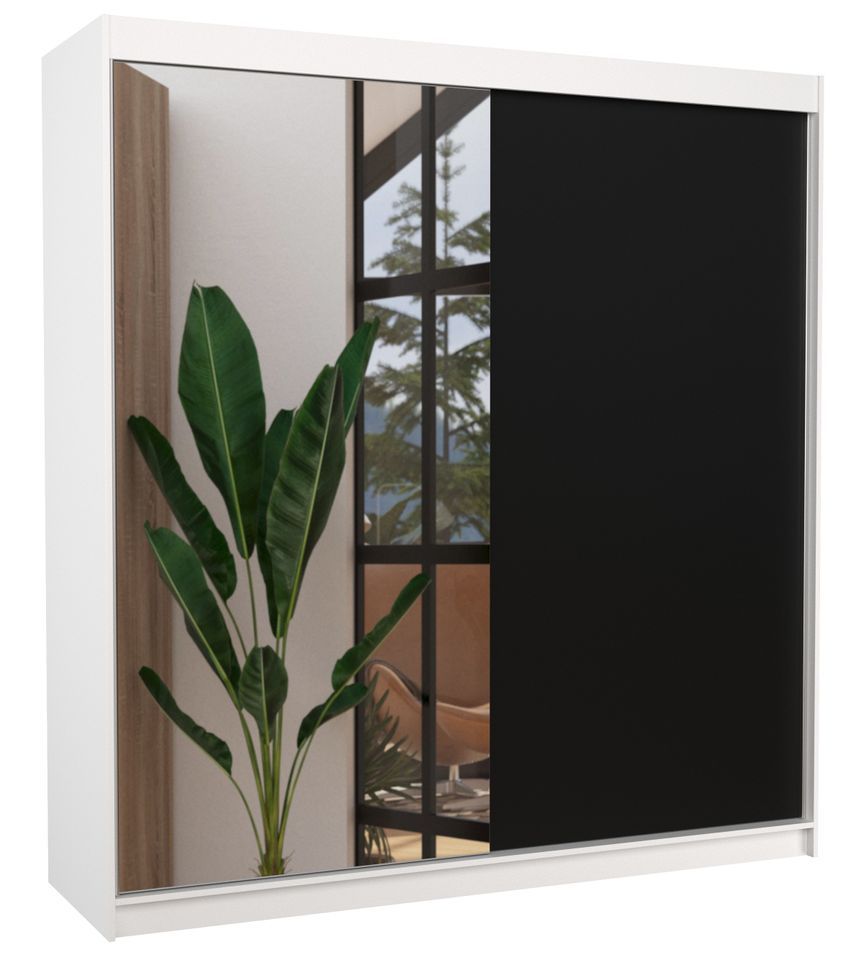 Armoire moderne blanche avec 2 portes coulissantes 1 noir 1 miroir Davia 200 cm - Photo n°1