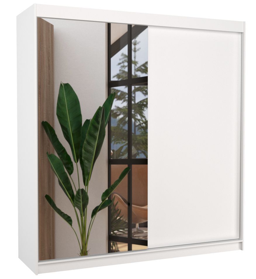 Armoire moderne chambre adulte 2 portes coulissantes 1 blanche 1 miroir Davia 200 cm - Photo n°1