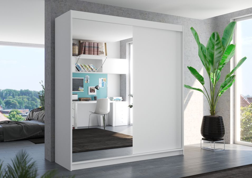 Armoire moderne chambre adulte 2 portes coulissantes 1 blanche 1 miroir Davia 200 cm - Photo n°2
