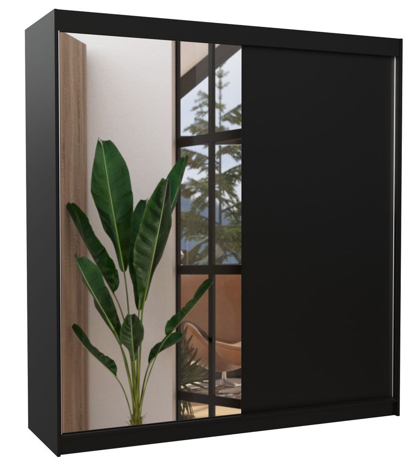 Armoire moderne chambre adulte 2 portes coulissantes 1 noir 1 miroir Davia 200 cm - Photo n°1