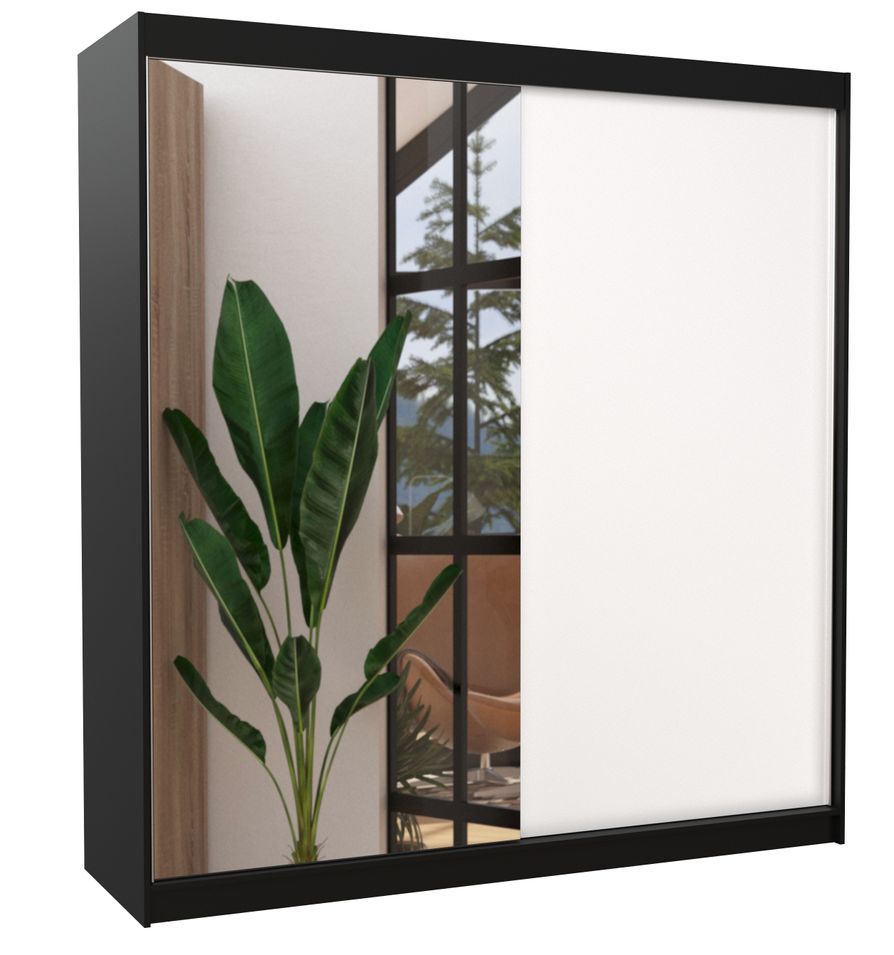 Armoire moderne noir avec 2 portes coulissantes 1 blanche 1 miroir Davia 200 cm - Photo n°1