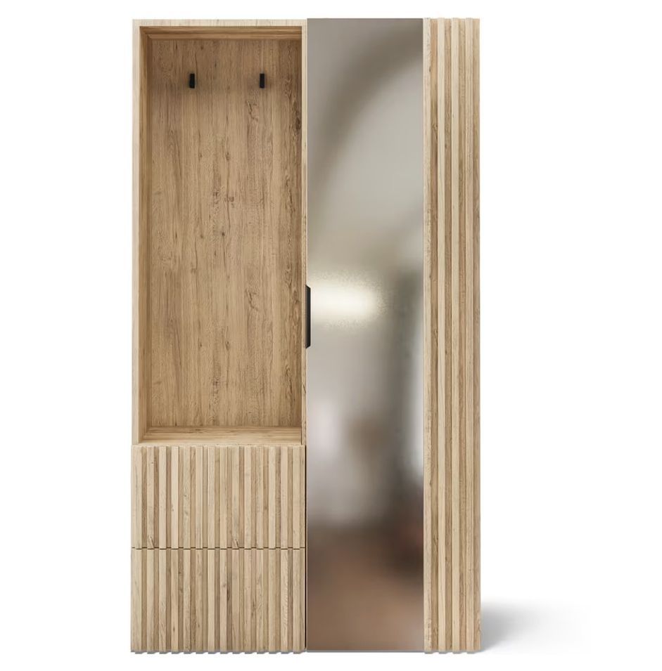 Armoire penderie d'entrée VEMIRO 100 cm - Chêne artisan et miroir - Photo n°1