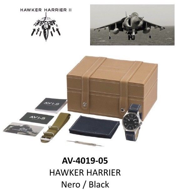 Avi-8 Hawker Harrier - Nero/black- Special Set : 2 Cinturini / 2 Straps - 1 Portabiglietti Pelle/ 1 Business Card Case - 1 Cacciavite Orologi / 1 Watche's Screwdriver - Wr 50mt 43mm AV-4019-05 - Photo n°1