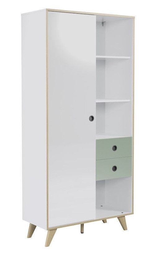 Bahut 1 porte 2 tiroirs 4 étagères bois blanc, vert et naturel Mélanie - Photo n°1