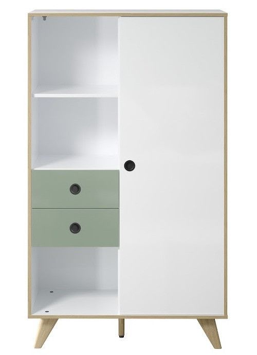 Bahut 1 porte 2 tiroirs bois blanc, vert et naturel Mélanie - Photo n°1